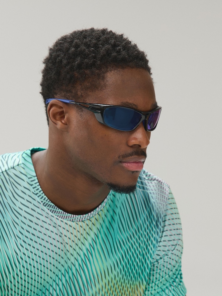 Black/Blue Mirror Sport Wrap Polarised Sunglasses - Image 1 of 5