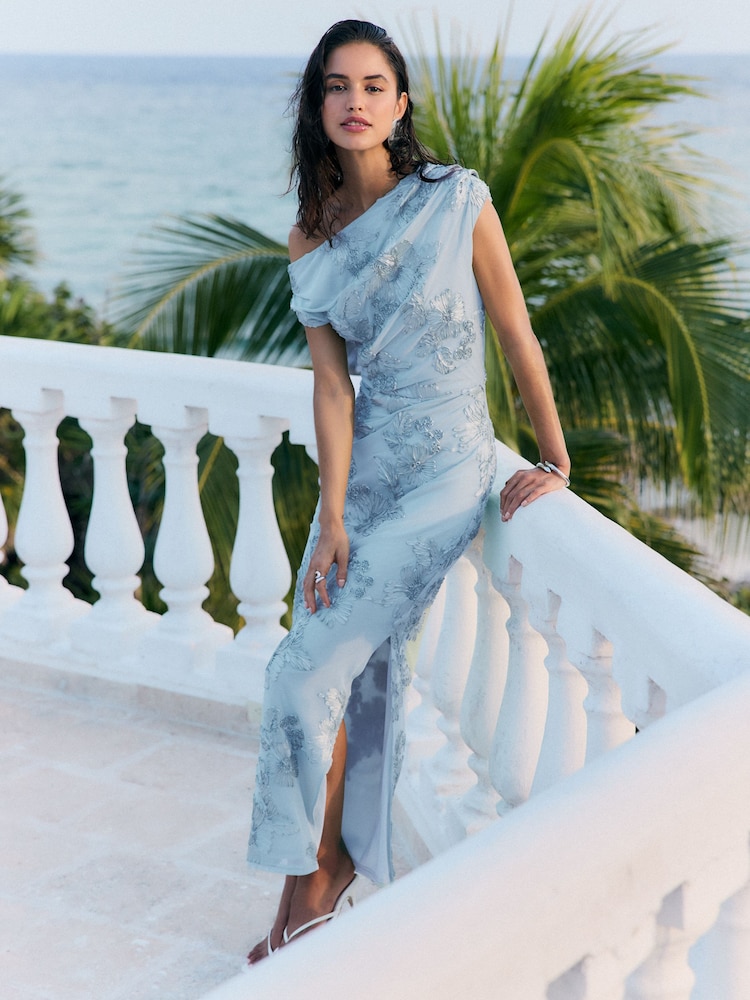 Hellblau - Friends Like These Textured Draped One Shoulder Midi Dress - Bild 1 von 5