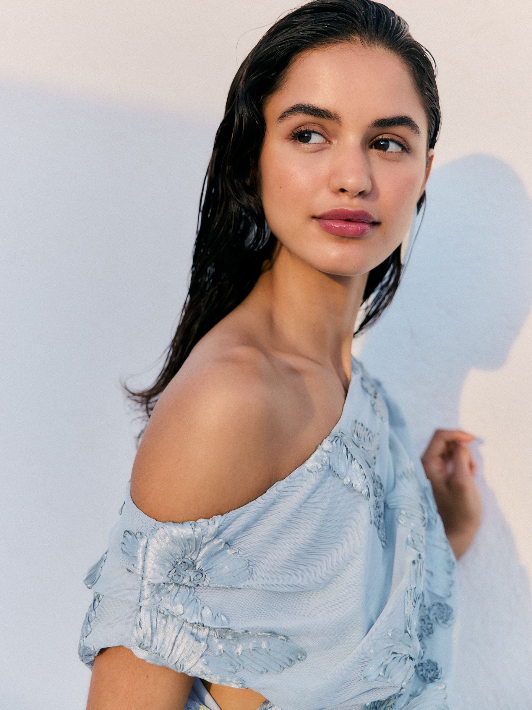 Buy Friends Like These Pale Blue Lace Detail One Shoulder Midi