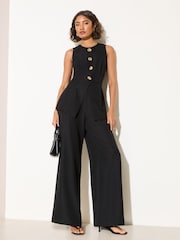 Friends Like These Black Petite Button Detail Peplum Waistcoat Jumpsuit - Image 1 of 4