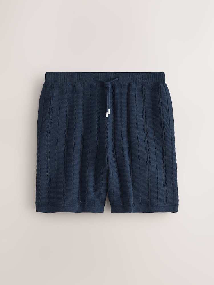 Navy Blue Ribbed Texture Knitted Shorts - Image 1 of 3