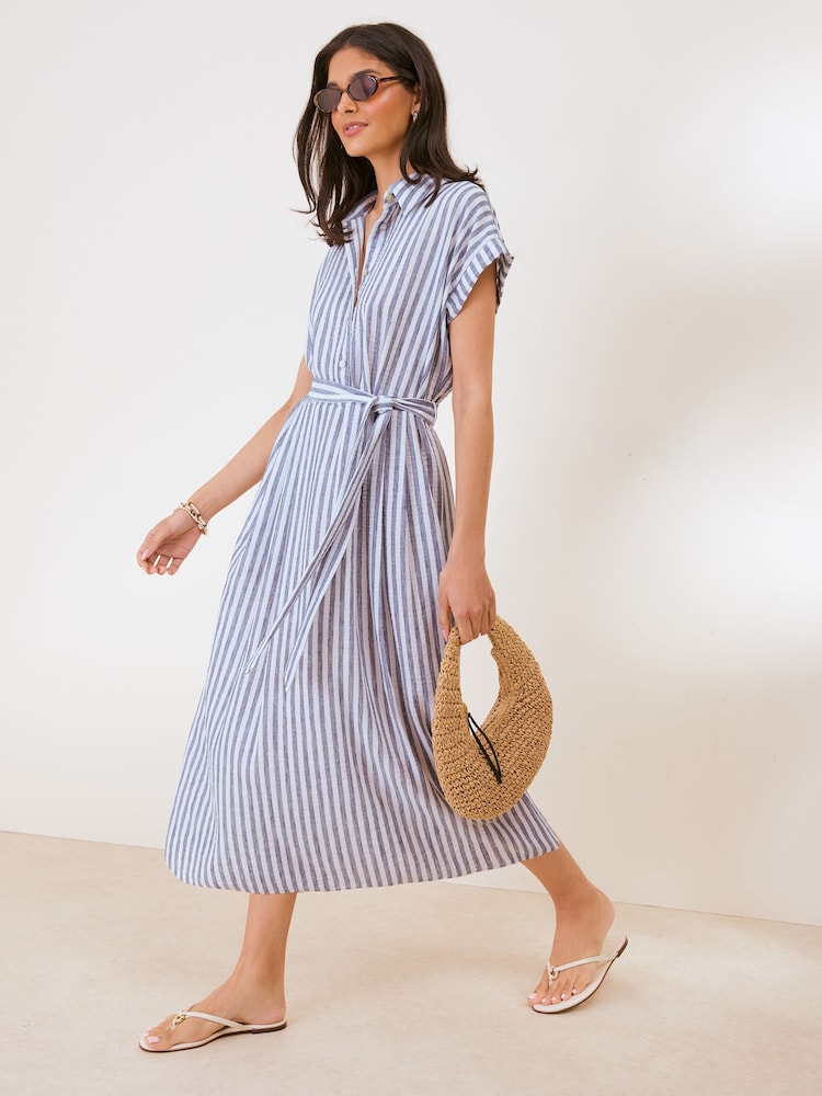 Friends Like These Blue Button Down Tie Waist Collared Shirt Midi Dress - Image 1 of 4 Friends Like These Blue Button Down Tie Waist Collared Shirt Midi Dress - Image 1 of 4
