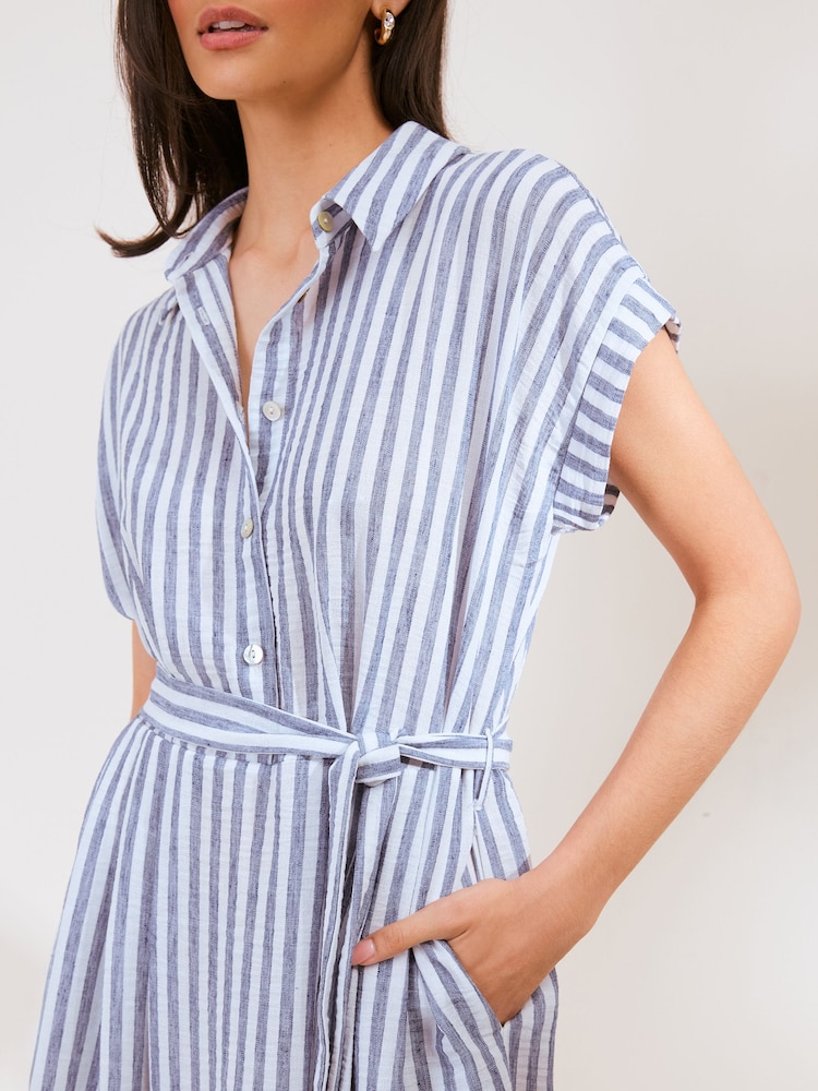 Friends Like These Blue Button Down Tie Waist Collared Shirt Midi Dress - Image 2 of 4 Friends Like These Blue Button Down Tie Waist Collared Shirt Midi Dress - Image 2 of 4