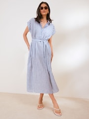 Friends Like These Blue Button Down Tie Waist Collared Shirt Midi Dress - Image 3 of 4