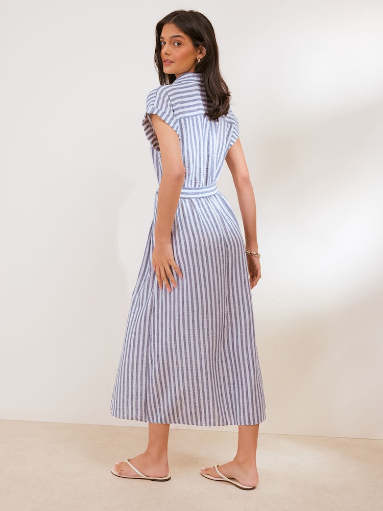 Friends Like These Blue Button Down Tie Waist Collared Shirt Midi Dress - Image 4 of 4 Friends Like These Blue Button Down Tie Waist Collared Shirt Midi Dress - Image 4 of 4