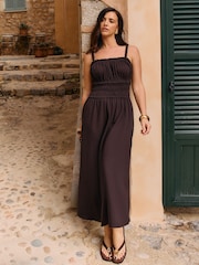 Friends Like These X Lucy Mecklenburgh Chocolate Brown Strappy Jersey Shirred Waist Midi Dress - Image 4 of 4