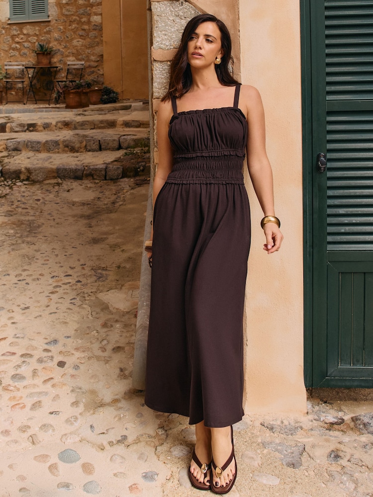 Friends Like These X Lucy Mecklenburgh Chocolate Brown Strappy Jersey Shirred Waist Midi Dress - Image 4 of 4 Friends Like These X Lucy Mecklenburgh Chocolate Brown Strappy Jersey Shirred Waist Midi Dress - Image 4 of 4