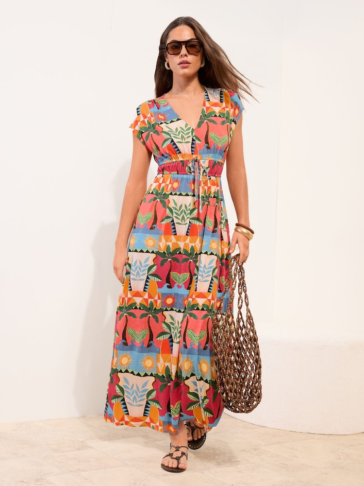 Friends Like These Orange Palm V-Neck Shirred Waist Jersey Maxi Dress - Image 1 of 5
