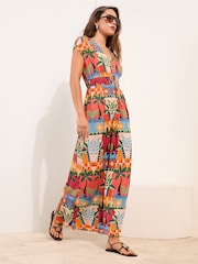 Friends Like These Orange Palm V-Neck Shirred Waist Jersey Maxi Dress - Image 3 of 5