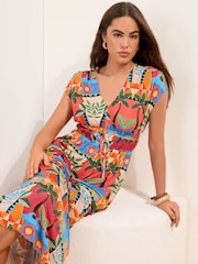 Friends Like These Orange Palm V-Neck Shirred Waist Jersey Maxi Dress - Image 4 of 5