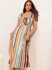 Friends Like These Blue/Orange Puff Short Sleeve Shirred Waist Midi Dress - Image 1 of 4