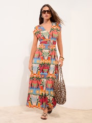 Friends Like These Orange Palm Petite V-Neck Shirred Waist Jersey Maxi Dress - Image 1 of 5