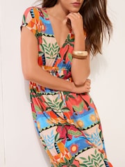 Friends Like These Orange Palm Petite V-Neck Shirred Waist Jersey Maxi Dress - Image 2 of 5