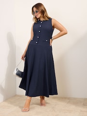 Friends Like These Navy Curve Drop Waist Sleeveless Textured Jersey Midi Dress - Image 1 of 4