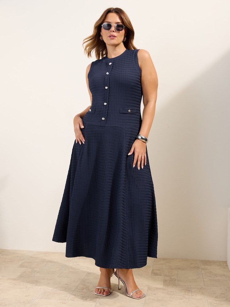 Friends Like These Navy Curve Drop Waist Sleeveless Textured Jersey Midi Dress - Image 4 of 4