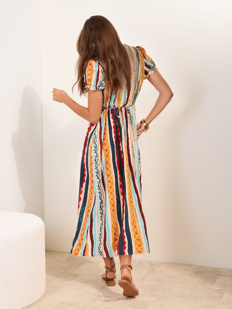 Friends Like These Blue/Orange Petite Puff Short Sleeve Shirred Waist Midi Dress - Image 4 of 4