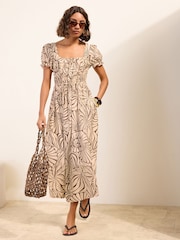 Friends Like These Neutral Petite Puff Short Sleeve Shirred Waist Midi Dress - Image 1 of 5