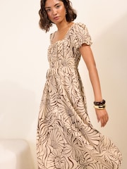 Friends Like These Neutral Petite Puff Short Sleeve Shirred Waist Midi Dress - Image 2 of 5