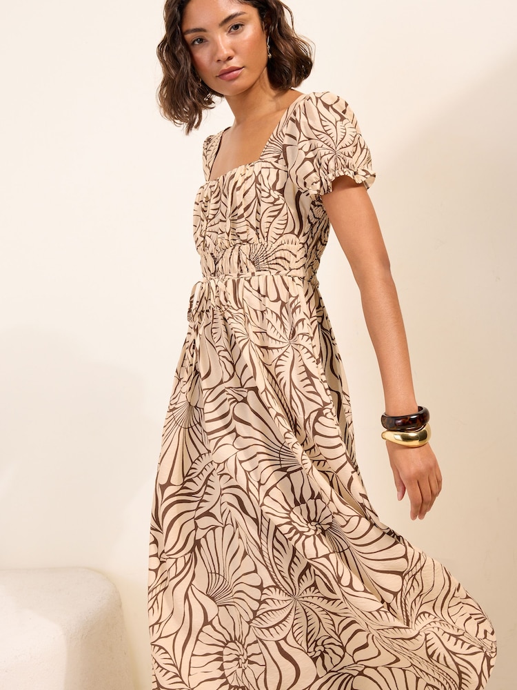 Friends Like These Neutral Petite Puff Short Sleeve Shirred Waist Midi Dress - Image 2 of 5