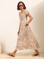 Friends Like These Neutral Petite Puff Short Sleeve Shirred Waist Midi Dress - Image 3 of 5