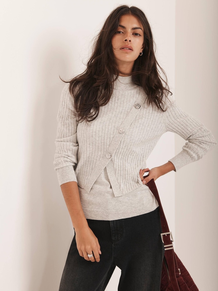 Mint Velvet Grey Cotton Blend Ribbed Jumper - Image 1 of 8