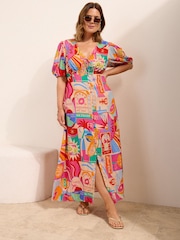 Friends Like These Pink Curve Puff Sleeve Midi Dress - Image 1 of 4