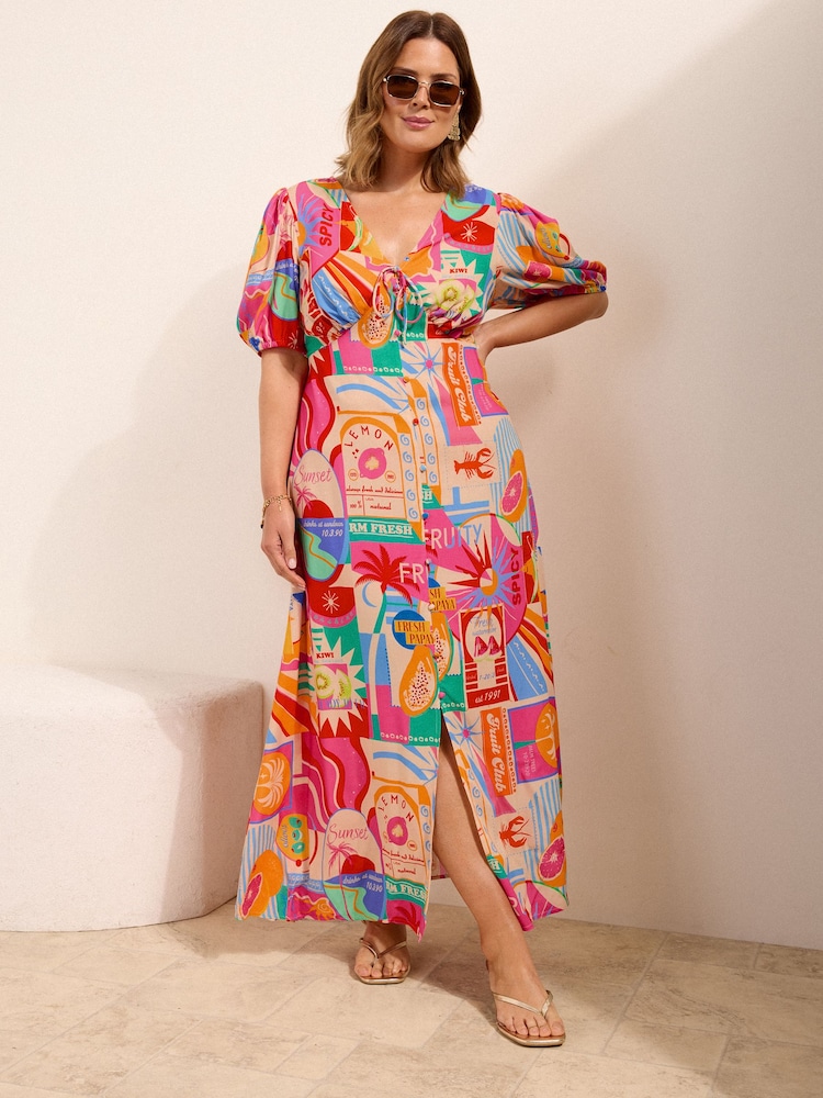 Friends Like These Pink Curve Puff Sleeve Midi Dress - Image 1 of 4