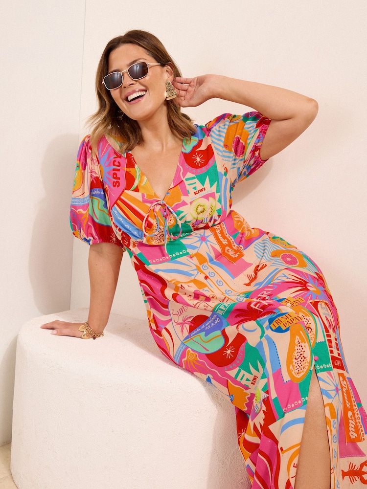 Friends Like These Pink Curve Puff Sleeve Midi Dress - Image 2 of 4