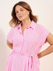 Friends Like These Pink/White Curve Button Down Tie Waist Collared Shirt Midi Dress - Image 2 of 4