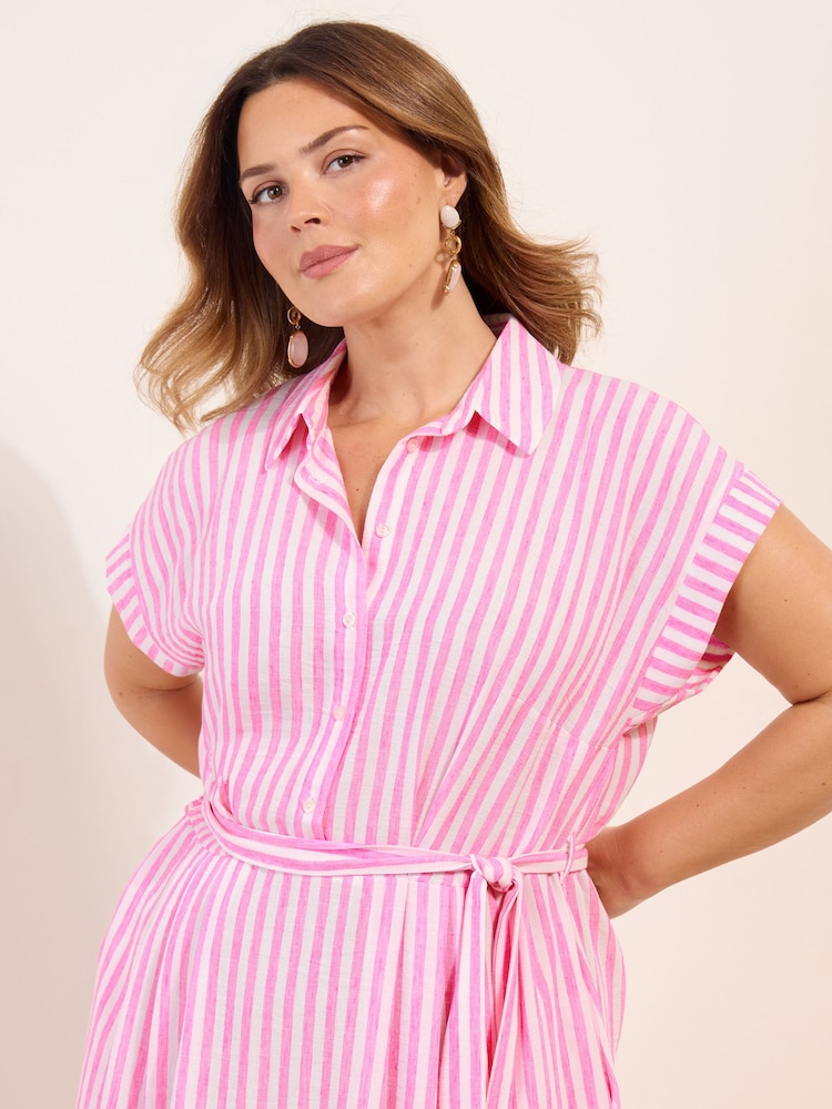 Friends Like These Pink/White Curve Button Down Tie Waist Collared Shirt Midi Dress - Image 2 of 4