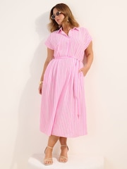 Friends Like These Pink/White Curve Button Down Tie Waist Collared Shirt Midi Dress - Image 3 of 4