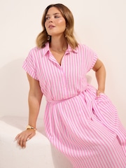 Friends Like These Pink/White Curve Button Down Tie Waist Collared Shirt Midi Dress - Image 4 of 4