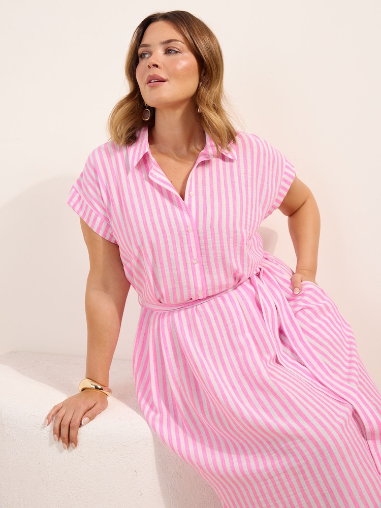 Friends Like These Pink/White Curve Button Down Tie Waist Collared Shirt Midi Dress - Image 4 of 4