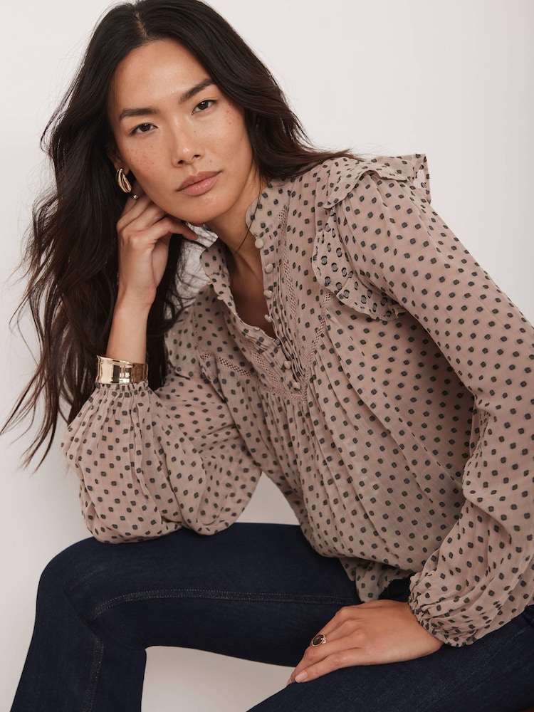 Mint Velvet Natural Jacquard Polka Dot Blouse - Image 1 of 8