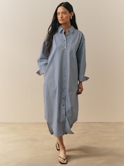 Nothing Ordinary Blue/White Stripe 100% Cotton Poplin Midi Shirt Dress - Image 1 of 4