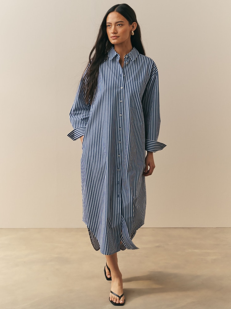 Nothing Ordinary Blue/White Stripe 100% Cotton Poplin Midi Shirt Dress - Image 1 of 4