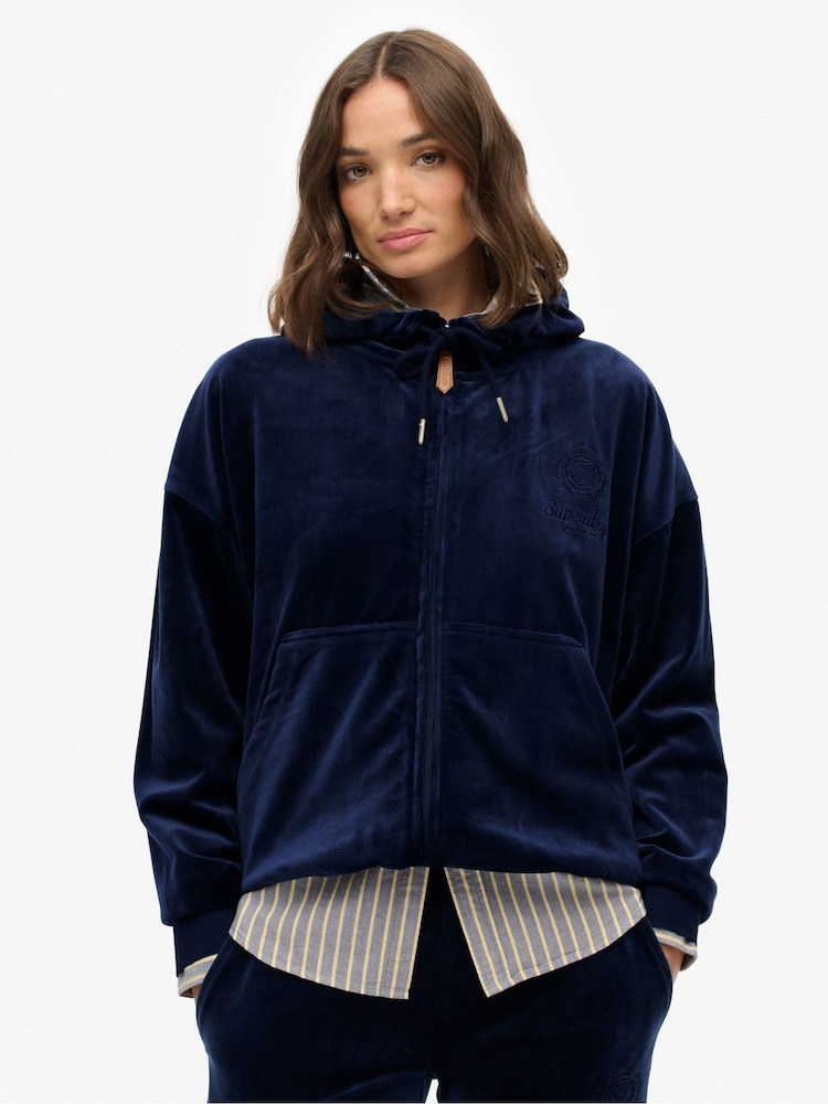 Superdry Blue Country Club Velour Zip Hoodie - Image 1 of 7 Superdry Blue Country Club Velour Zip Hoodie - Image 1 of 7