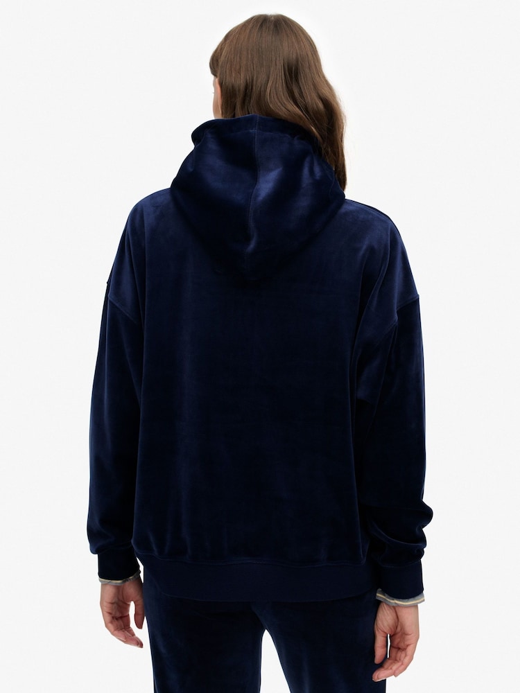 Superdry Blue Country Club Velour Zip Hoodie - Image 2 of 7 Superdry Blue Country Club Velour Zip Hoodie - Image 2 of 7