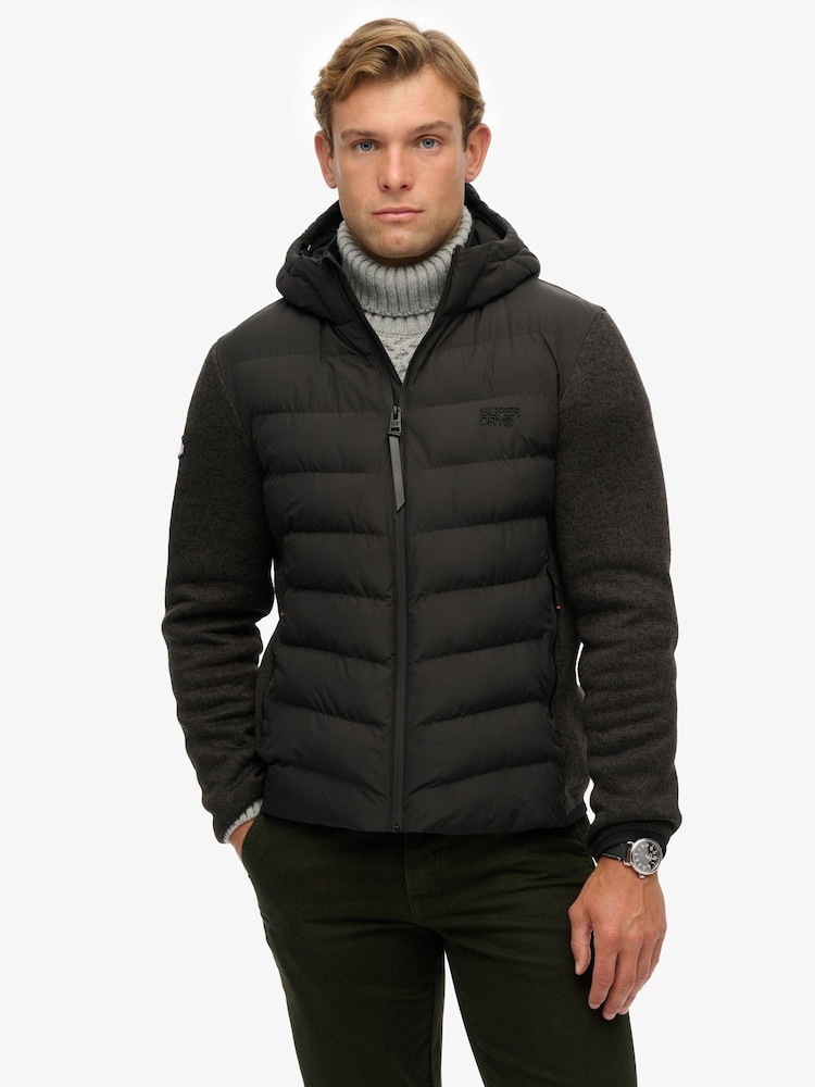 Superdry Black Hooded Storm Knit Hybrid Jacket - Image 1 of 8 Superdry Black Hooded Storm Knit Hybrid Jacket - Image 1 of 8
