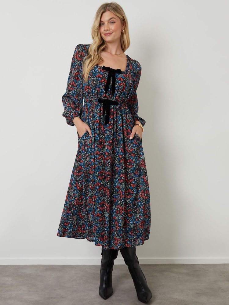 Another Sunday Black Bow Detail Milkmaid Midi Dress - Image 1 of 5