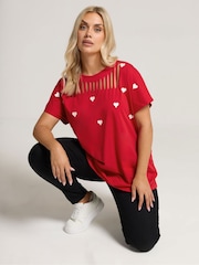 Yours Curve Red Printed Heart Slash Top - Image 1 of 5