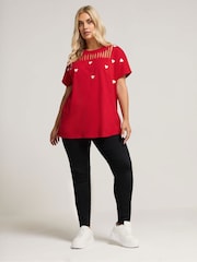 Yours Curve Red Printed Heart Slash Top - Image 2 of 5