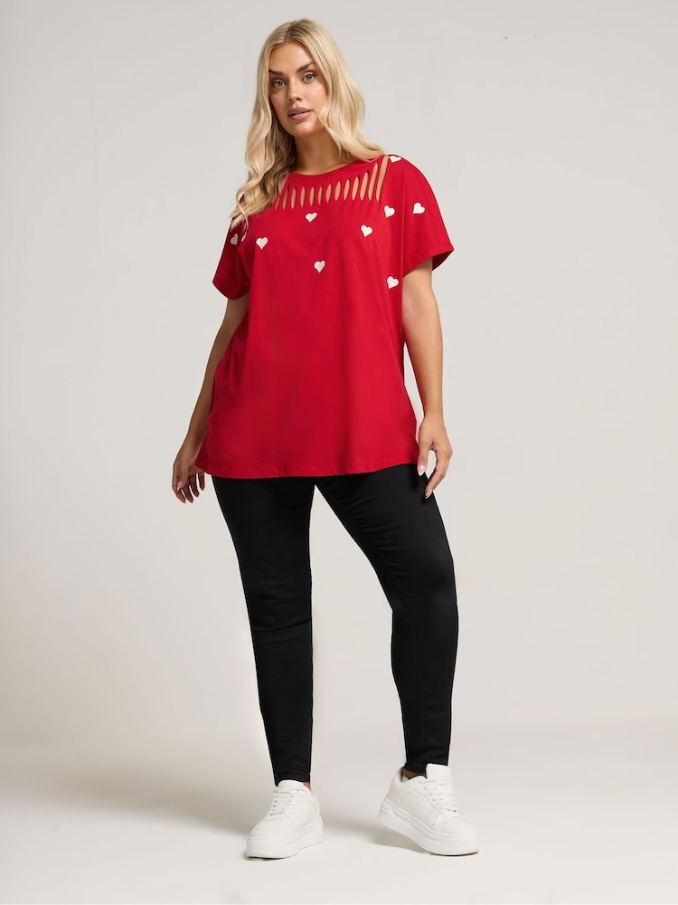 Yours Curve Red Printed Heart Slash Top - Image 2 of 5