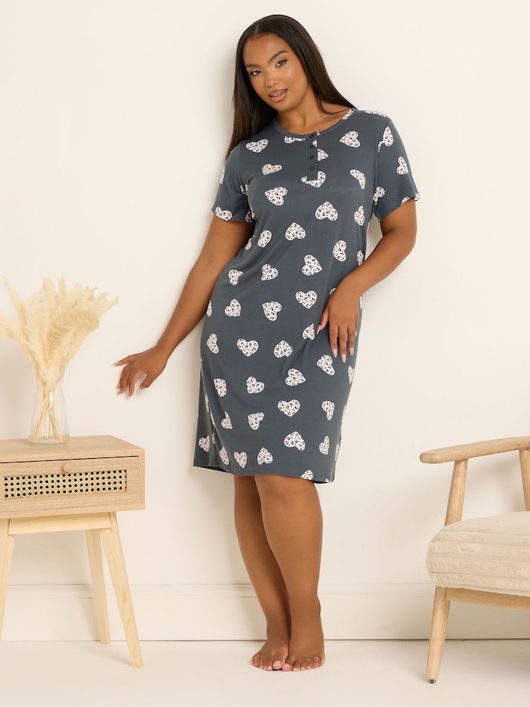 Yours Curve Grey Soft Touch Heart Placket Nightdress - Image 1 of 5