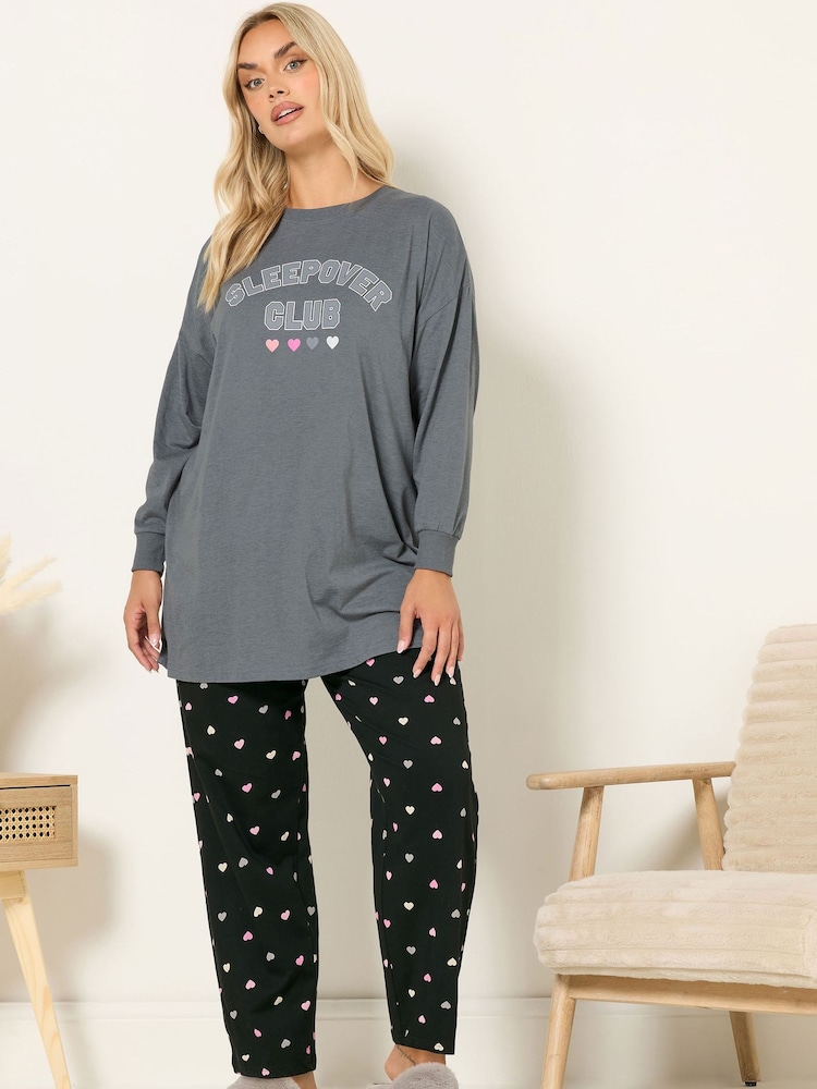 Yours Curve Grey Sleepover Club Long Sleeve Wide Leg Pyjamas Set - Image 1 of 5 Yours Curve Grey Sleepover Club Long Sleeve Wide Leg Pyjamas Set - Image 1 of 5