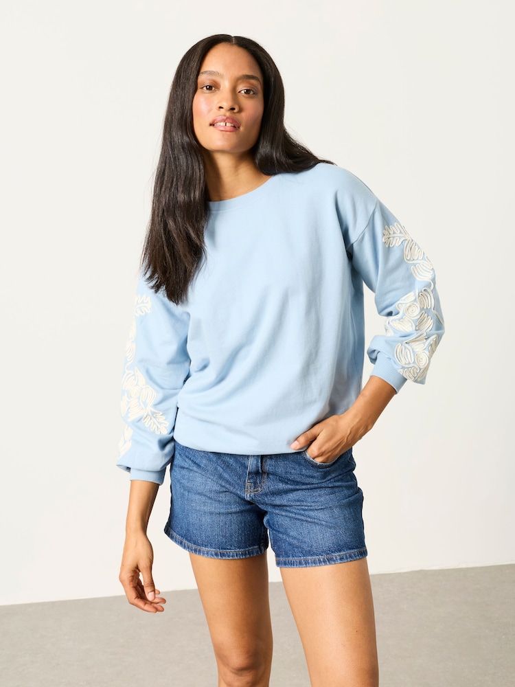 FatFace Alex Pale Blue Sleeve Detail Crew - Image 1 of 5