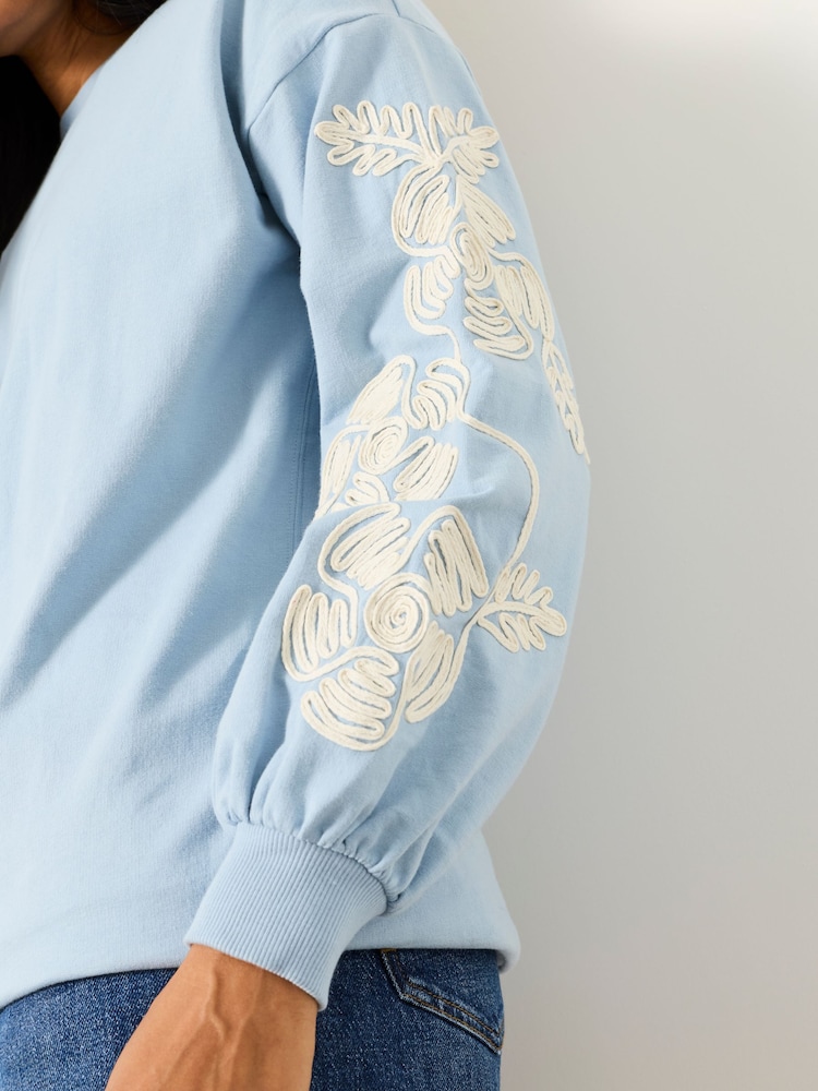 FatFace Alex Pale Blue Sleeve Detail Crew - Image 2 of 5