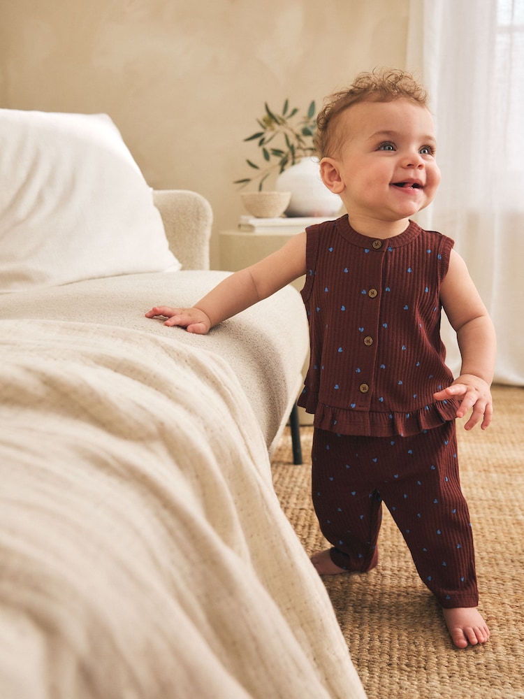 Chocolate Brown And Blue Spot Rib Baby Top And Wide Leg Trousers Set 2 Piece (0mths-2yrs) - Image 1 of 4 Chocolate Brown And Blue Spot Rib Baby Top And Wide Leg Trousers Set 2 Piece (0mths-2yrs) - Image 1 of 4