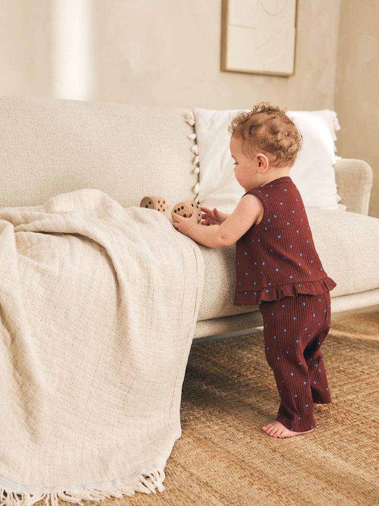 Chocolate Brown And Blue Spot Rib Baby Top And Wide Leg Trousers Set 2 Piece (0mths-2yrs) - Image 2 of 4 Chocolate Brown And Blue Spot Rib Baby Top And Wide Leg Trousers Set 2 Piece (0mths-2yrs) - Image 2 of 4