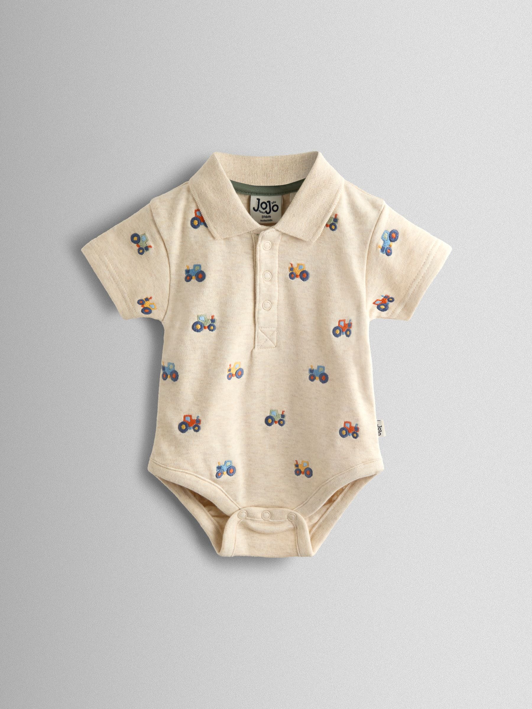 Jojo Maman Bébé Natural Tractor Embroidered Polo Body